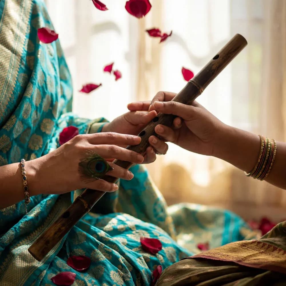 Hands offering a flute amid falling rose petals, a gesture of devotion