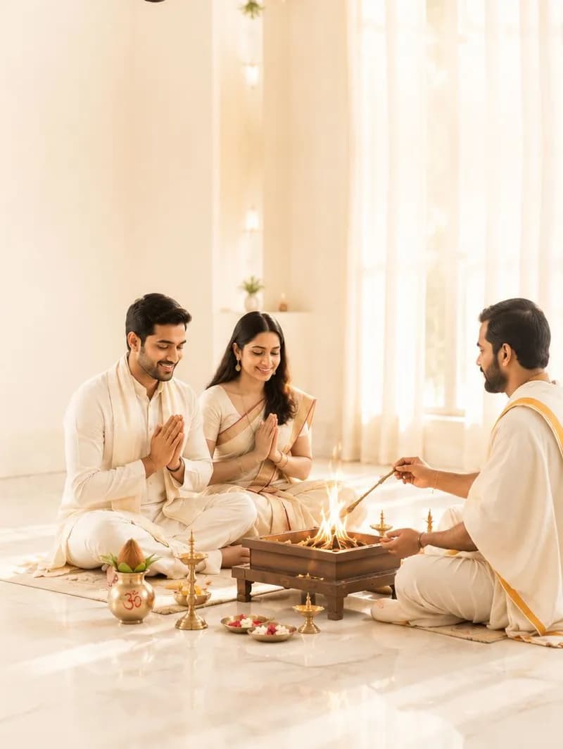 A couple with folded hands beside the sacred fire while their Pandit performs the pooja at home