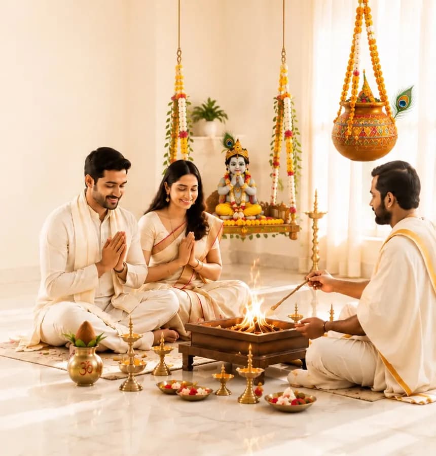 A family offering prayers beside a Pandit performing a havan at home